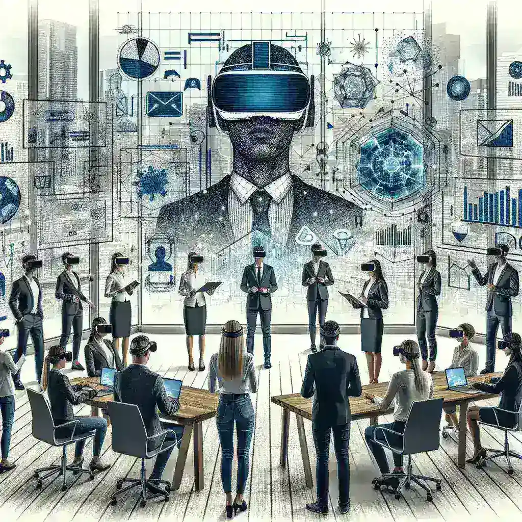 "Realidade mista em uso em ambiente corporativo durante reunião virtual, destacando tecnologia avançada e colaboração remota eficaz."