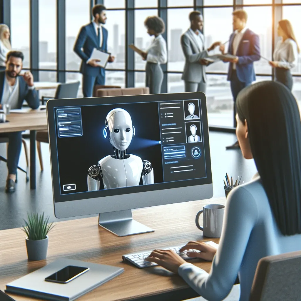 "Imagem ilustrativa mostrando um profissional participando de uma entrevista automatizada com inteligência artificial no mercado de trabalho, destacando a crescente adoção de tecnologias de recrutamento modernas."