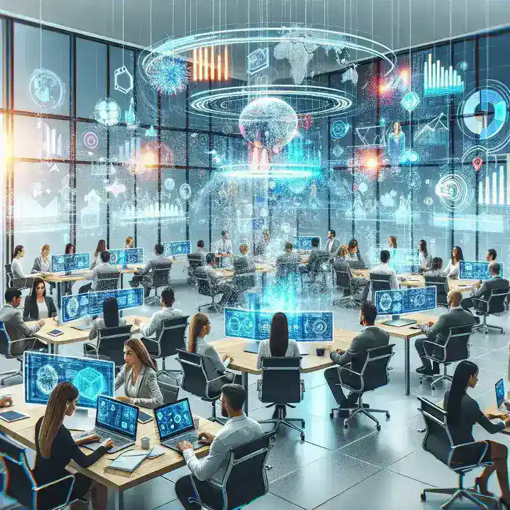 "Realidade mista em ambientes corporativos: profissionais participando de reuniões virtuais com tecnologia de realidade aumentada e virtual."
